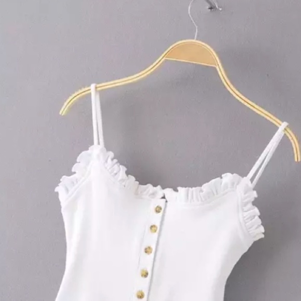 SOLD OUT The Cutest White Ribbed Button Ruffled Bodysuit - Picture 6 of 7